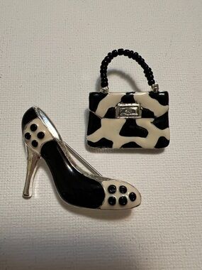 Black & White Stiletto Shoe & Cow Print Handbag Brooch Pins Signed SFJ Vintage